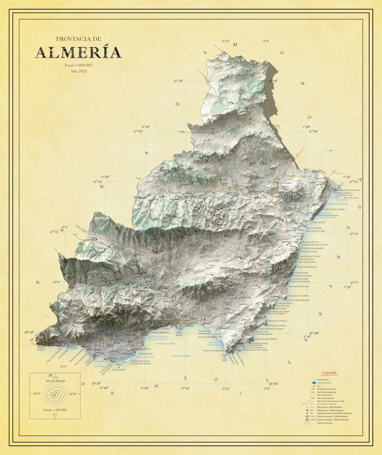 Moderno mapa antiguo en relieve de Almería