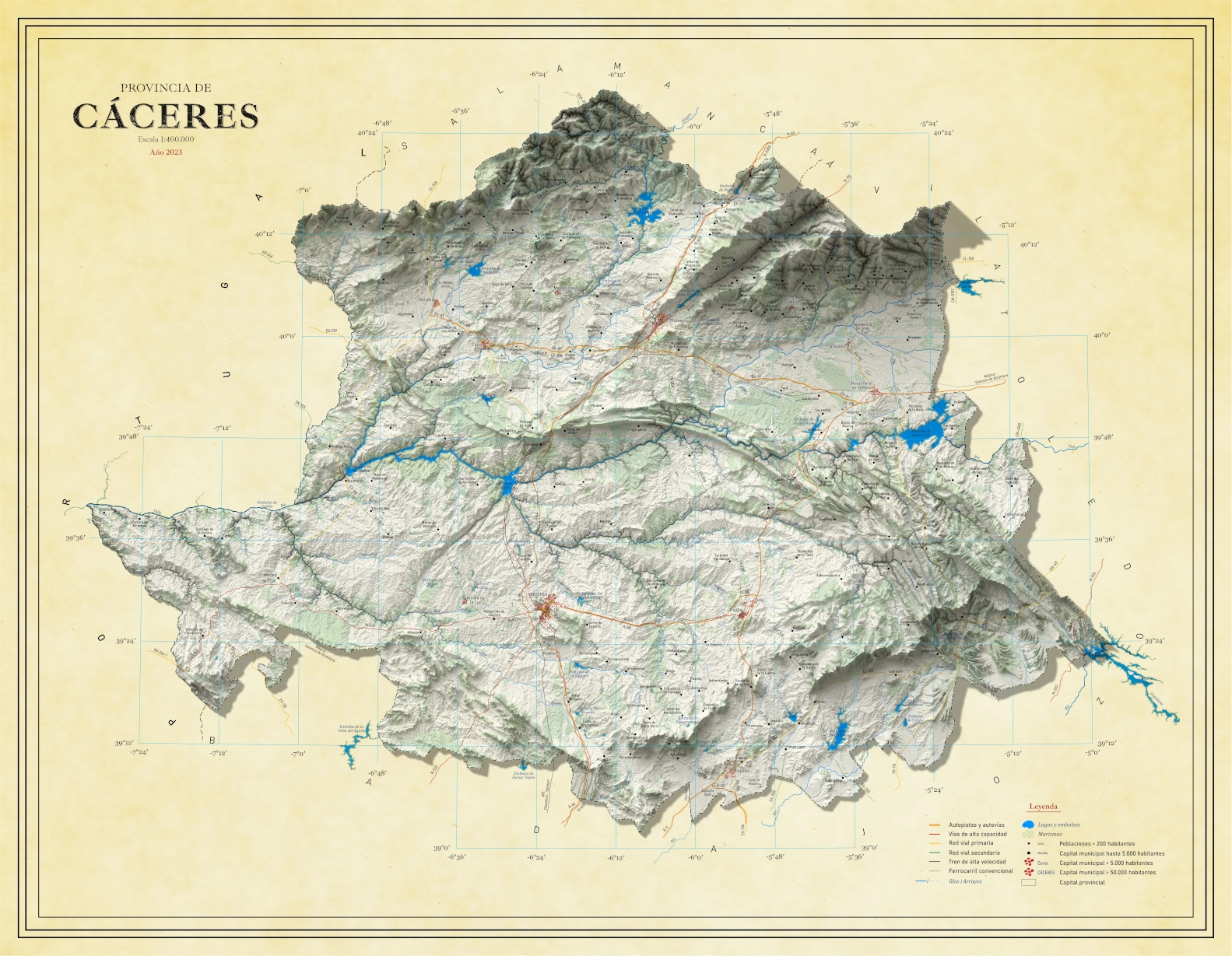 Moderno mapa antiguo en relieve de Cáceres