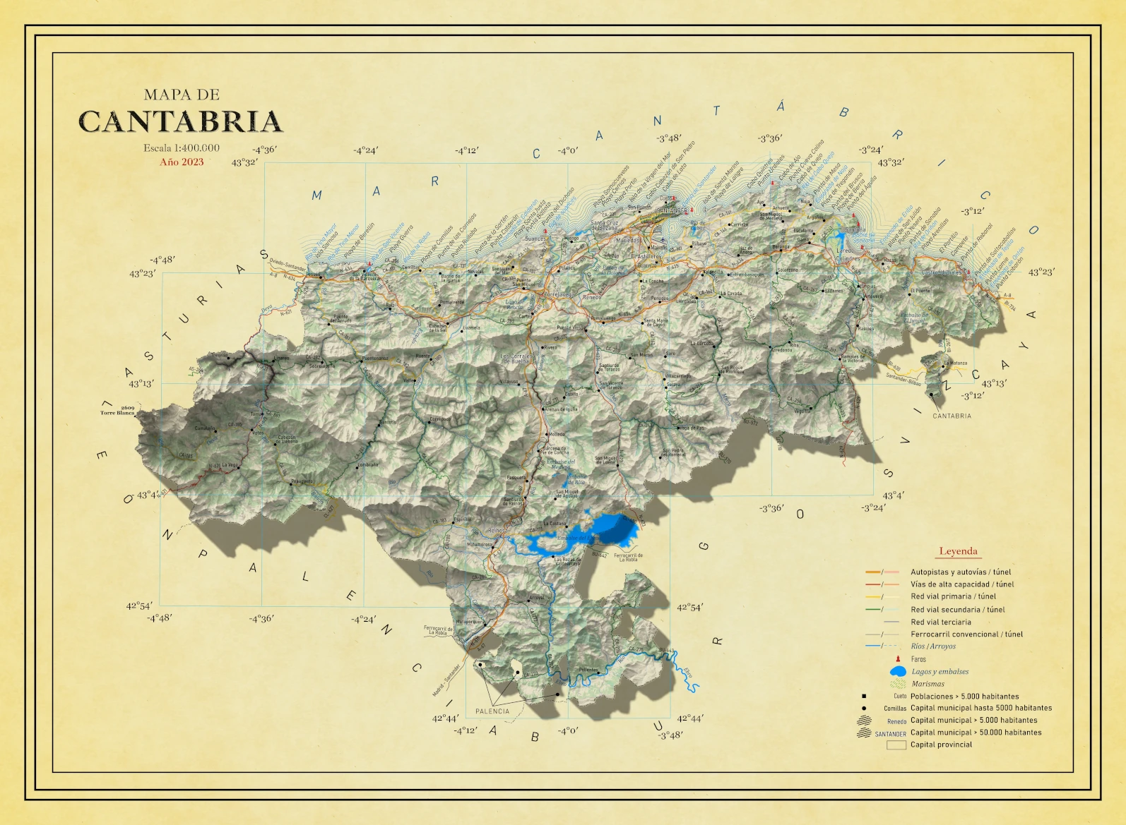 Moderno mapa antiguo en relieve de Cantabria
