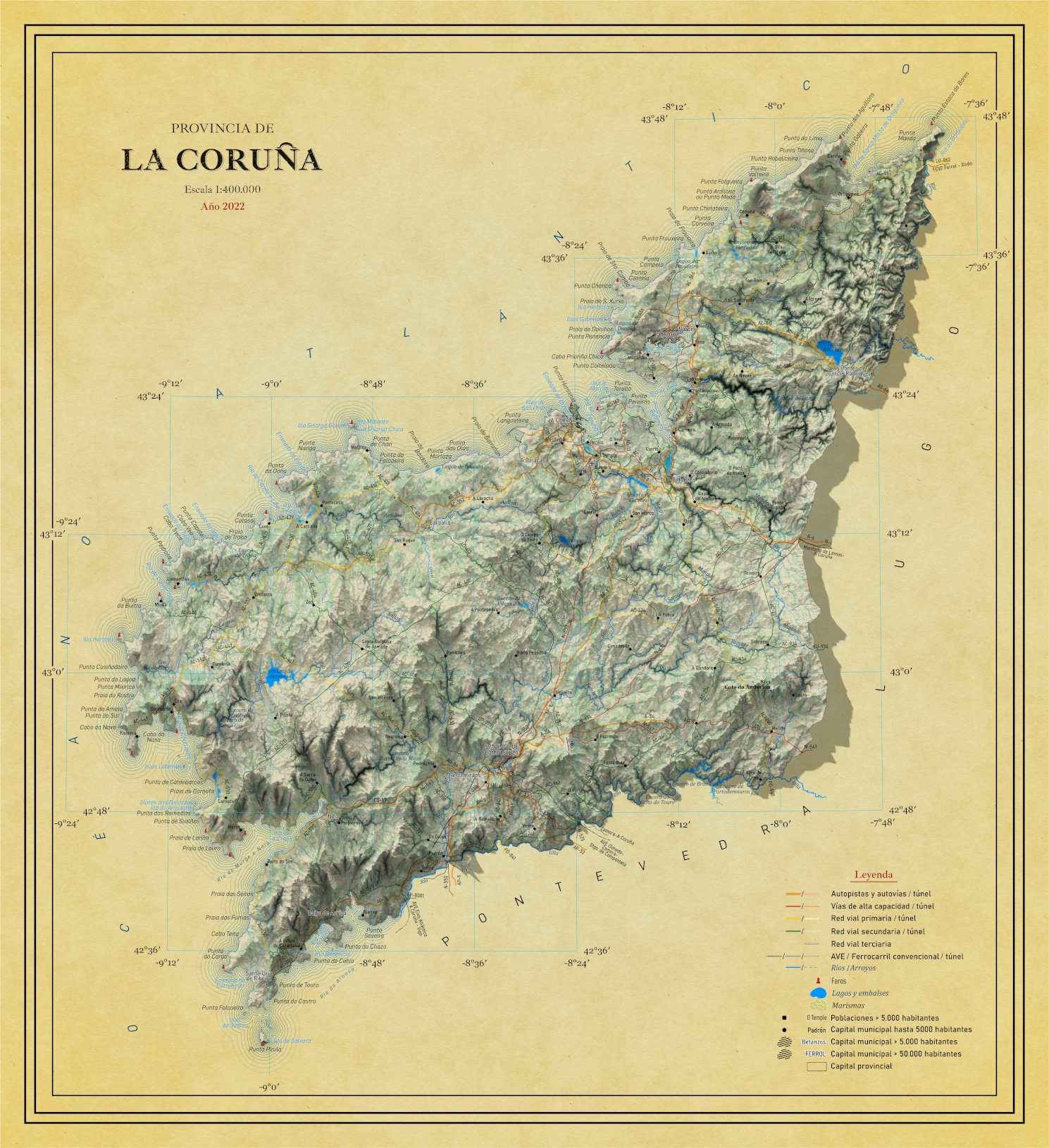 Moderno mapa antiguo en relieve de A Coruña