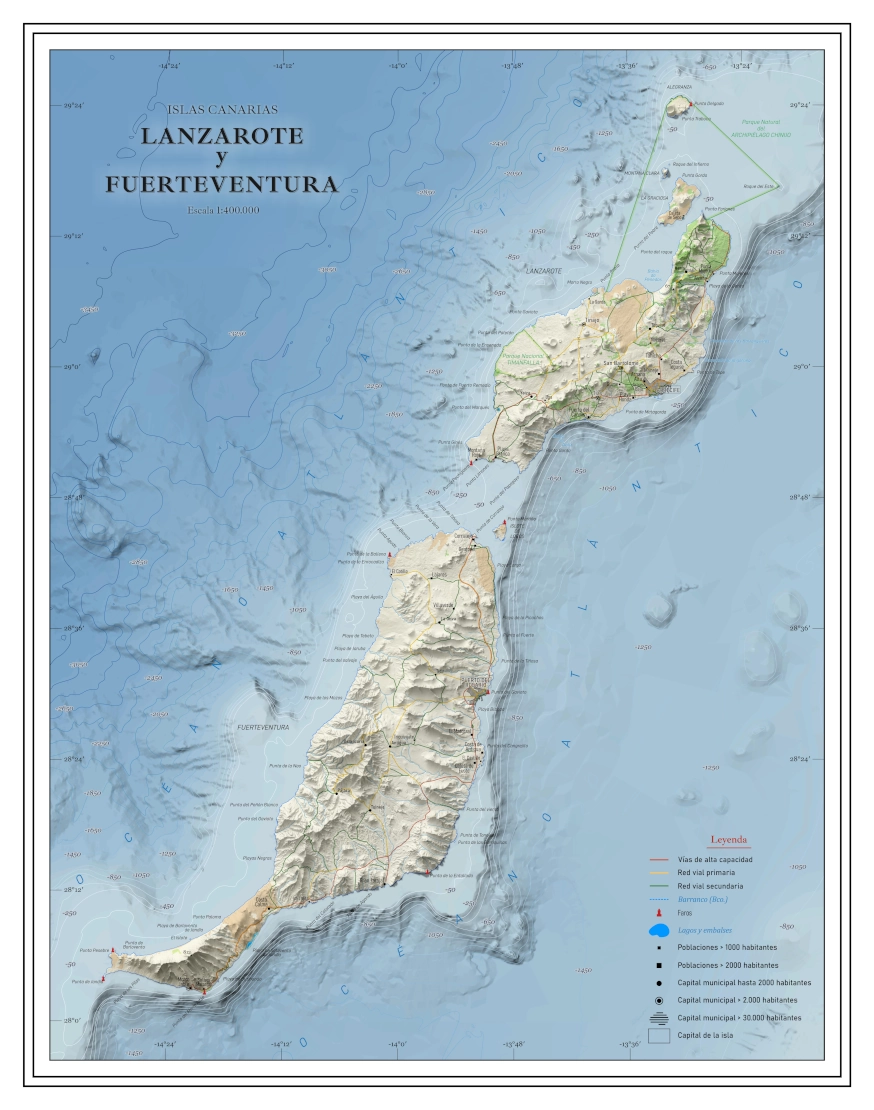 Moderno mapa antiguo en relieve de Lanzarote y Fuerteventura