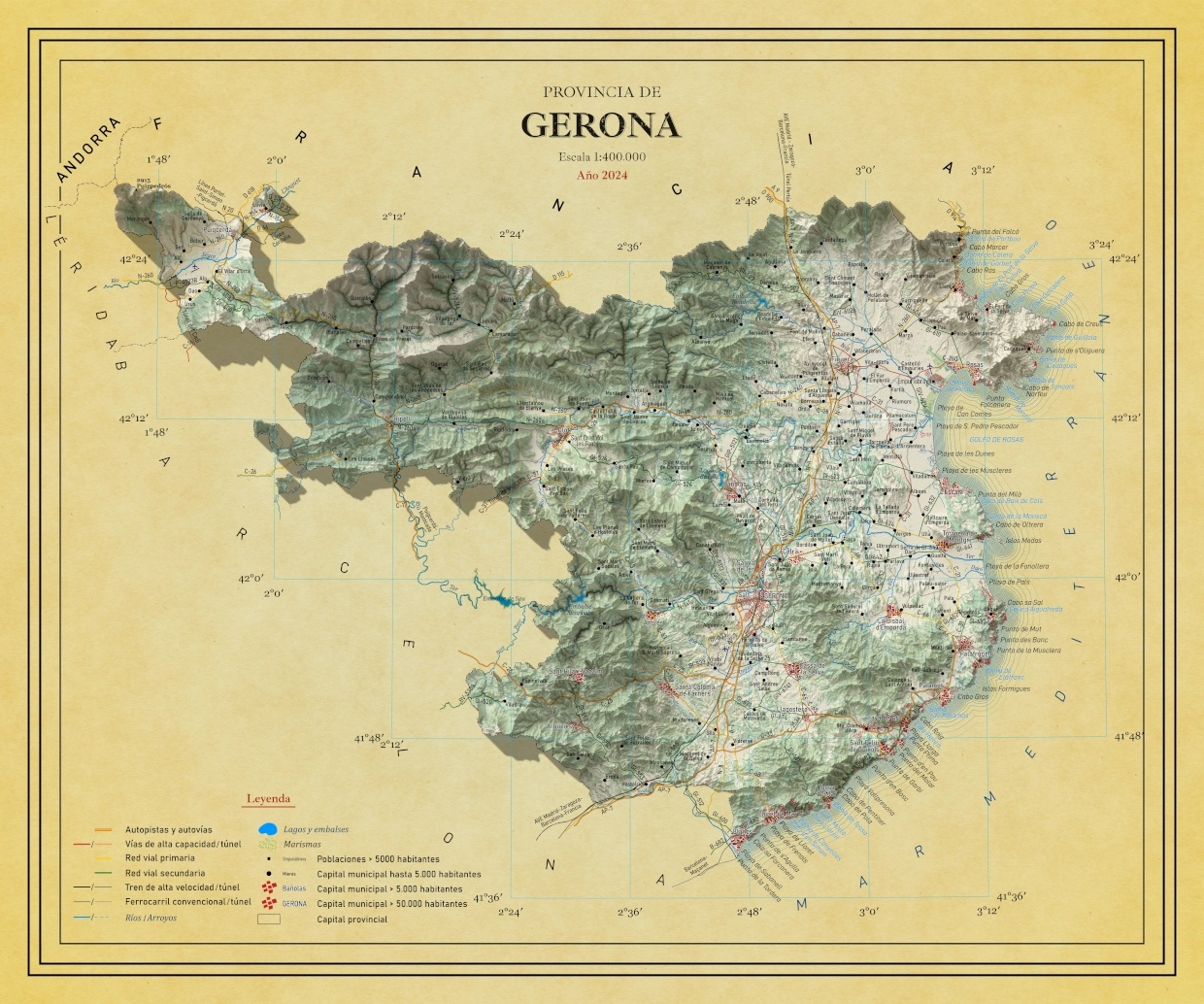 Moderno mapa antiguo en relieve de Gerona