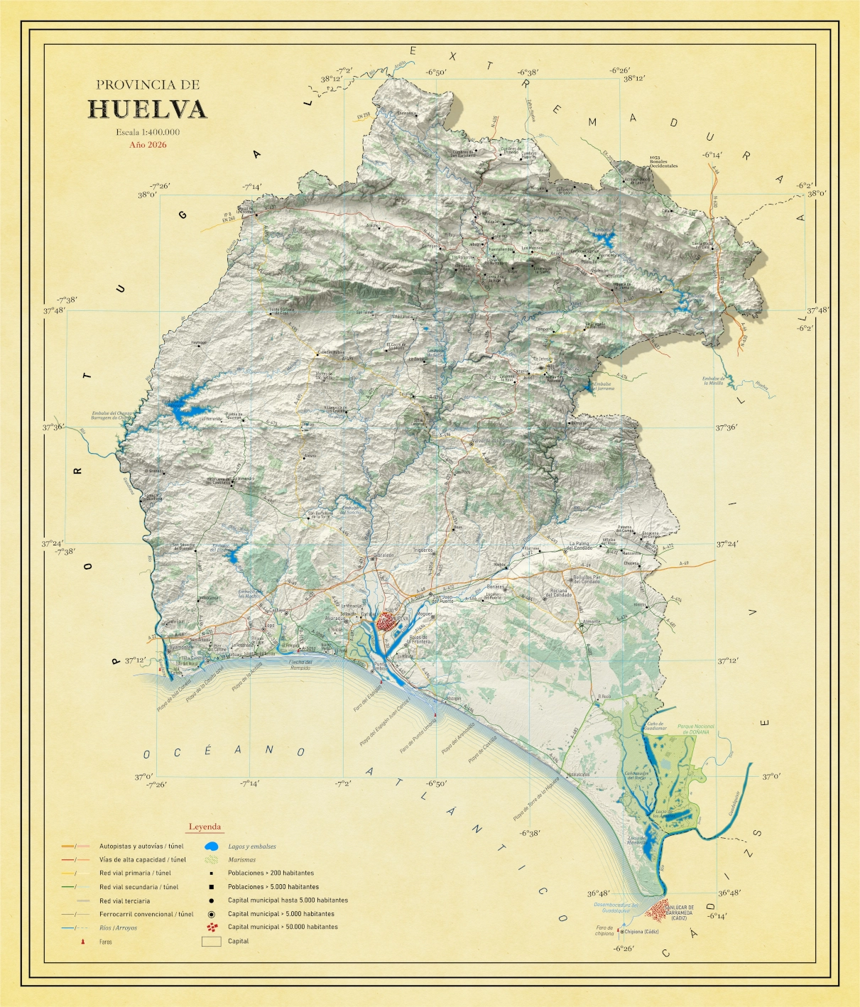 Moderno mapa antiguo en relieve de Huelva
