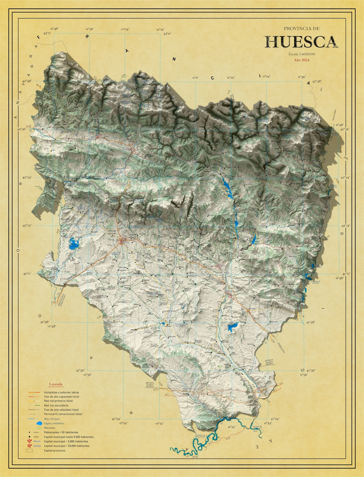 Moderno mapa antiguo en relieve de Huesca