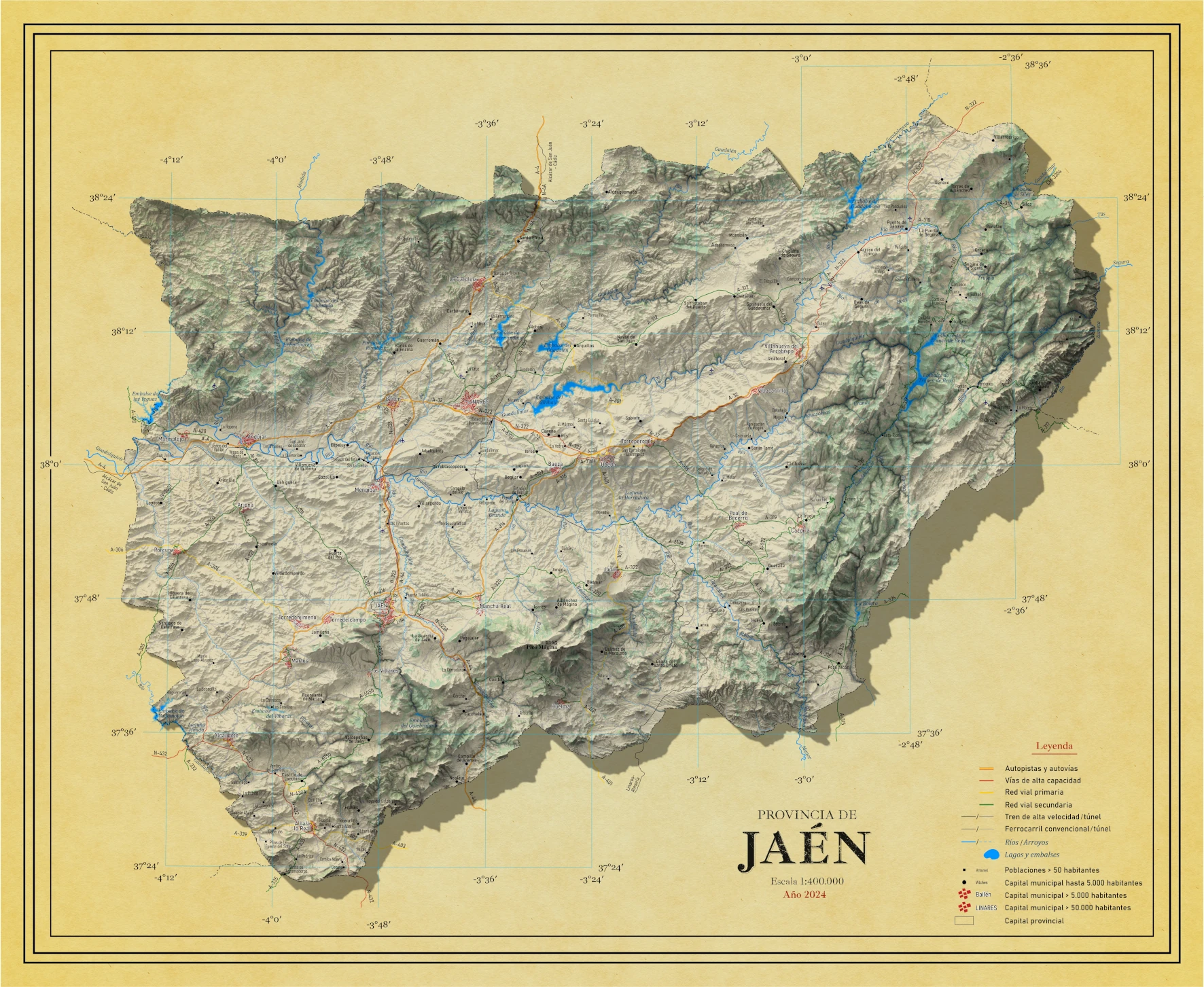 Moderno mapa antiguo en relieve de Jaen