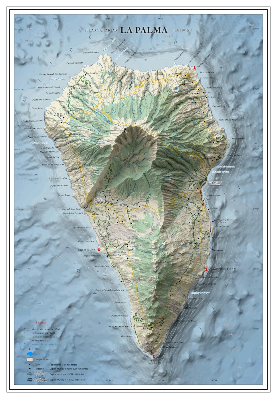 Moderno mapa antiguo en relieve de La Palma