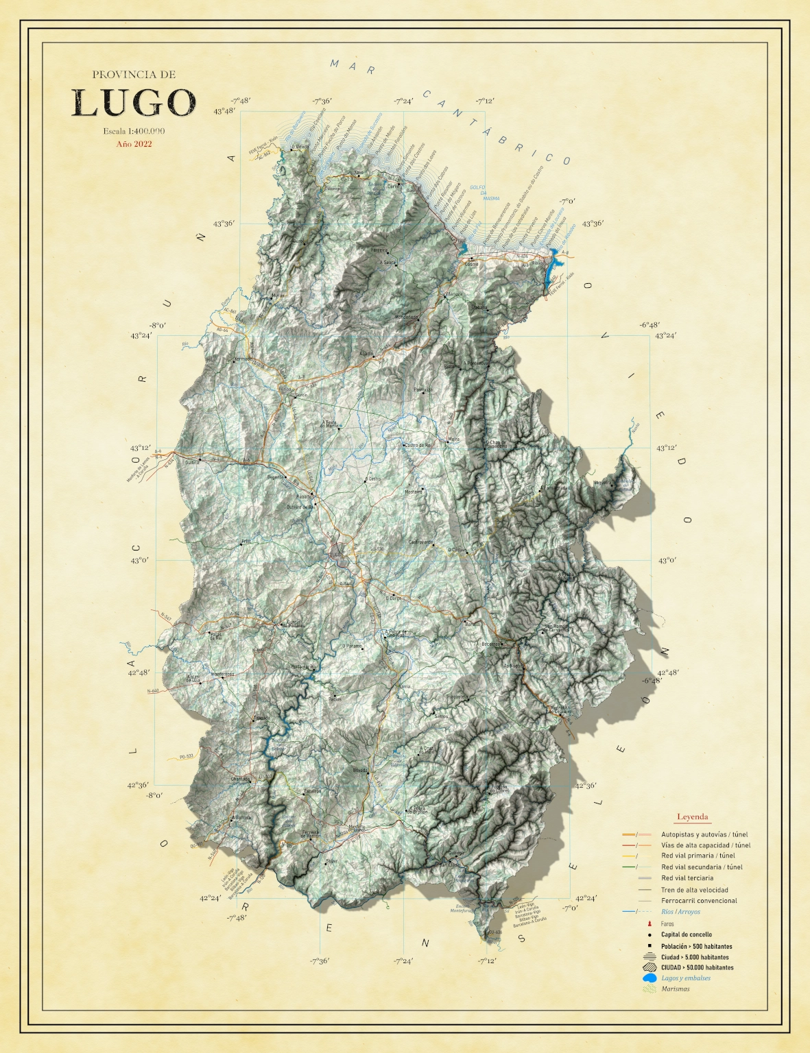 Moderno mapa antiguo en relieve de Lugo