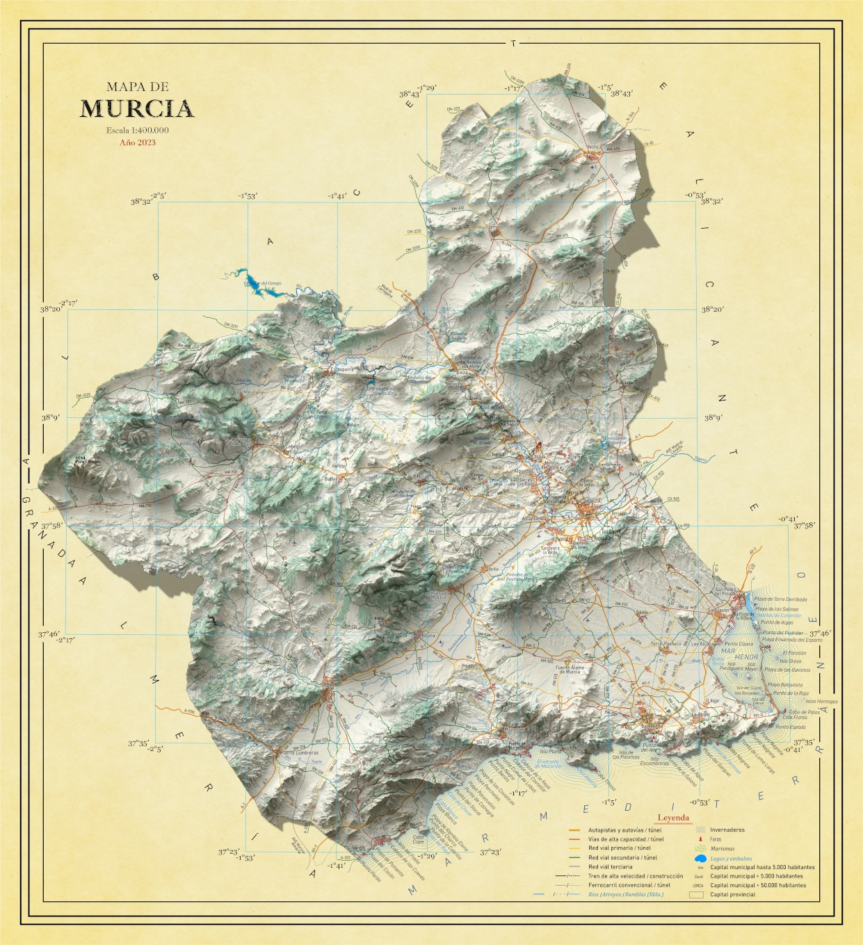 Moderno mapa antiguo en relieve de Murcia