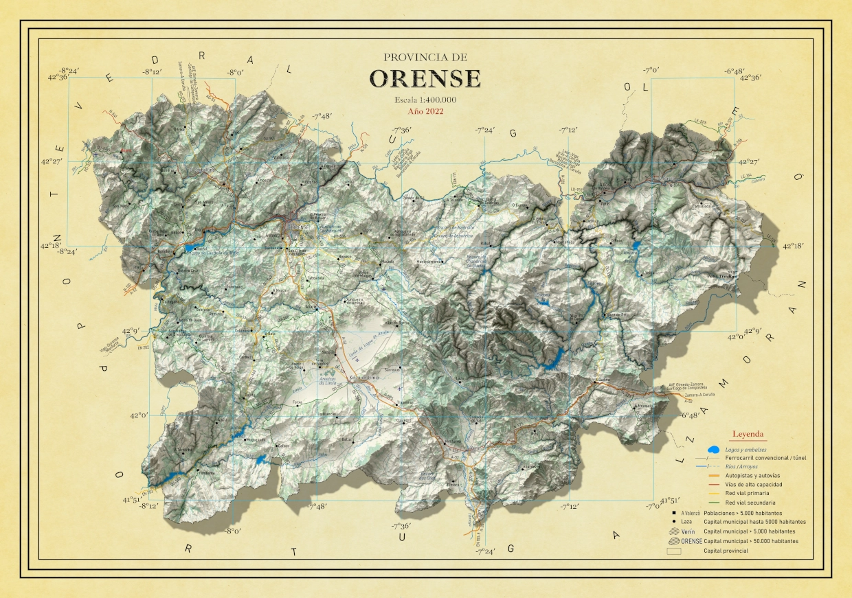 Moderno mapa antiguo en relieve de Ourense
