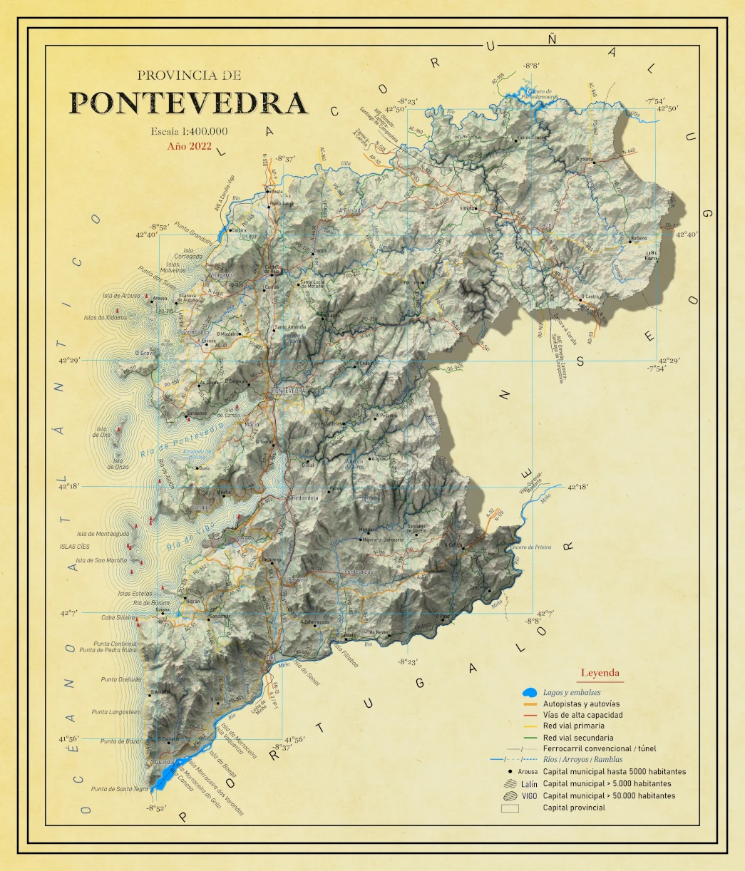 Moderno mapa antiguo en relieve de Pontevedra